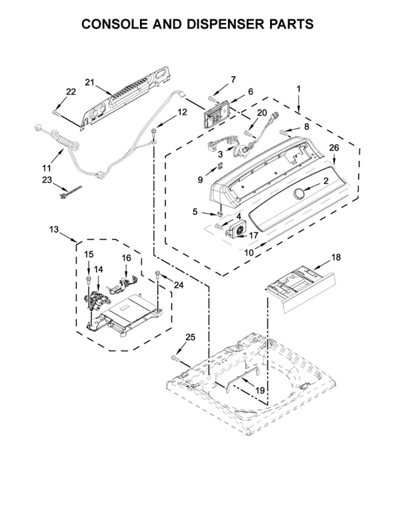 Console And Dispenser Parts Diagram and Parts List for MVWB765FC2  Maytag Washer
