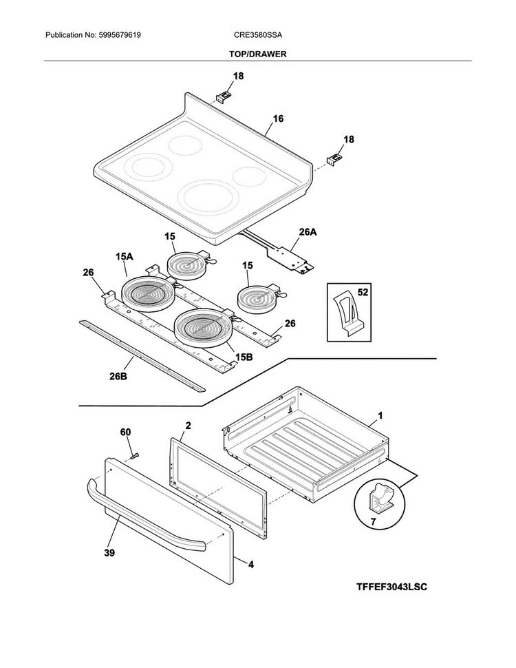 Top/drawer Diagram and Parts List for CRE3580SSA  Crosley Range