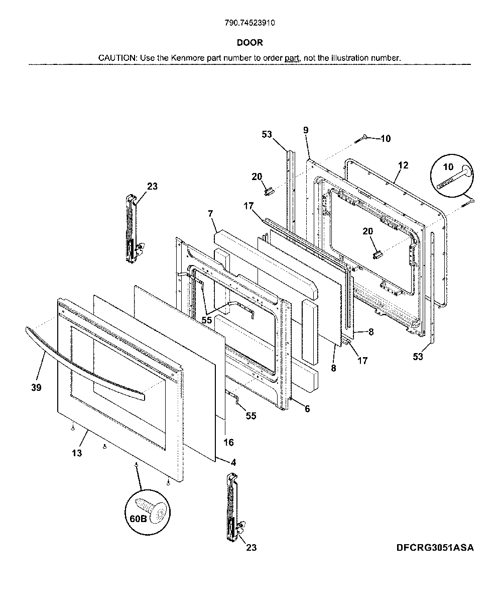 Door Diagram and Parts List for 79074523910  Kenmore Range