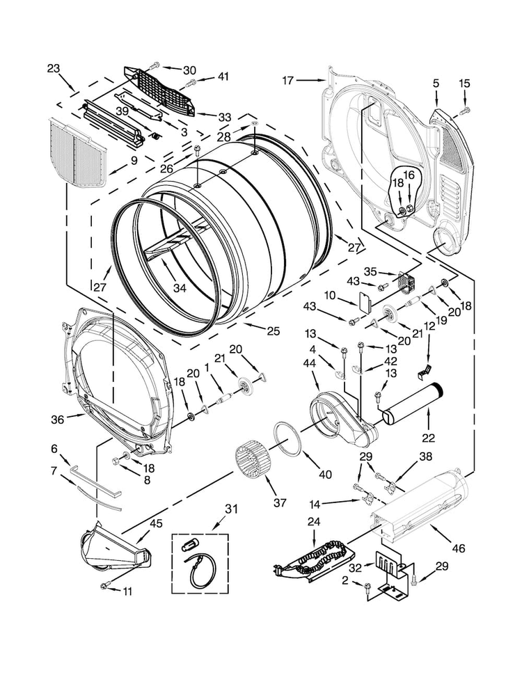 Bulkhead Parts Diagram and Parts List for MDE28PNCGW0  Maytag Dryer