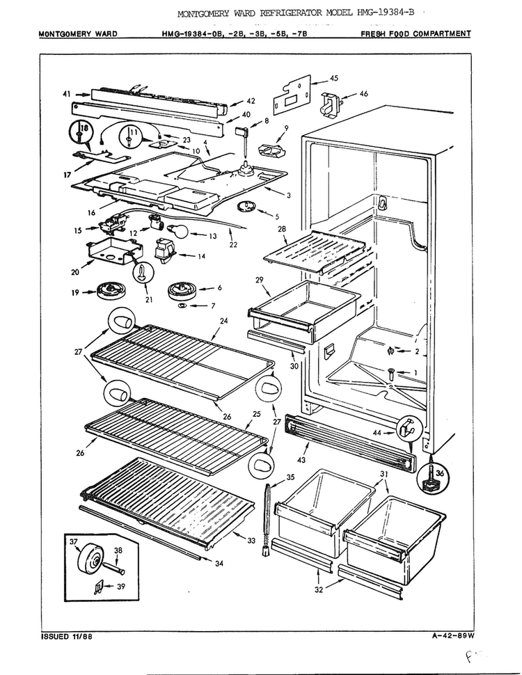 Fresh Food Compartment Diagram and Parts List for 19384B  Admiral Refrigerator