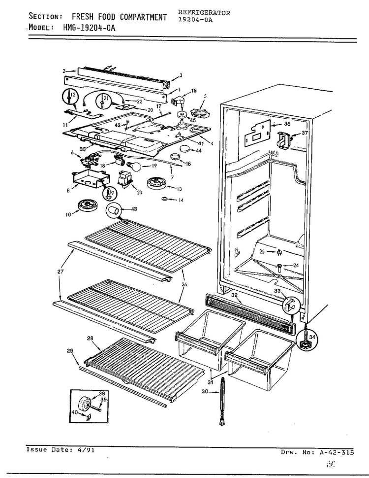 Fresh Food Compartment Diagram and Parts List for 19204-0A  Admiral Refrigerator