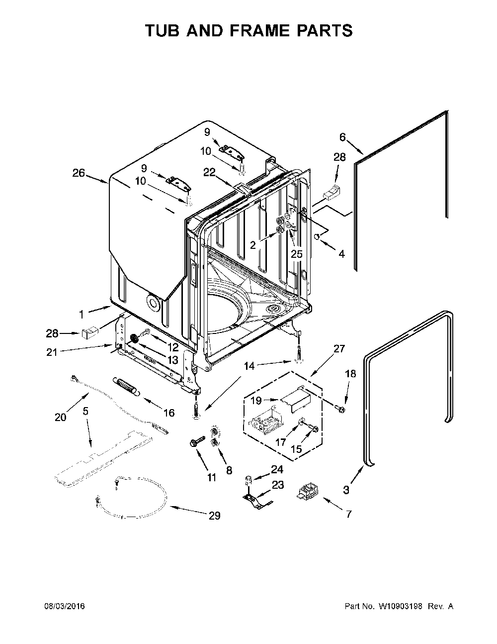 Tub And Frame Parts Diagram and Parts List for 66514703N511  Kenmore Dishwasher