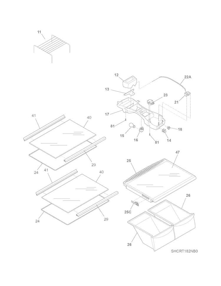 Shelves Diagram and Parts List for CRT182NBB  Crosley Refrigerator