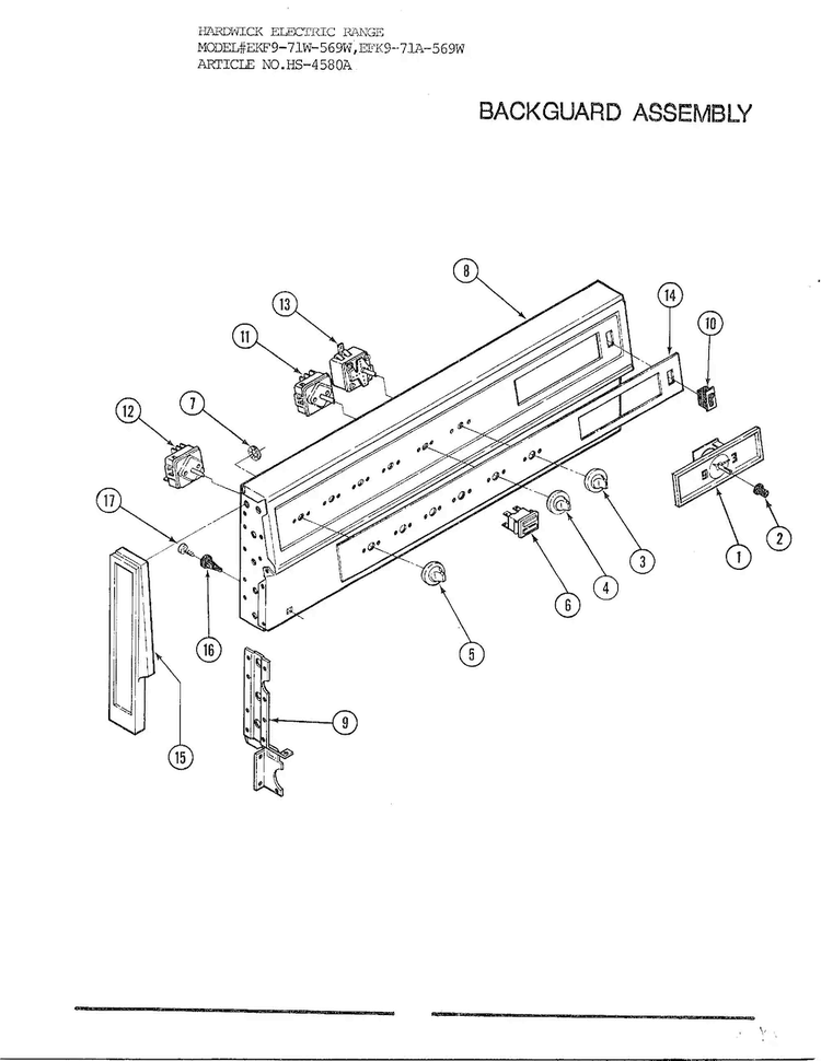 Backguard Assembly Diagram and Parts List for 4580A  Hardwick Range