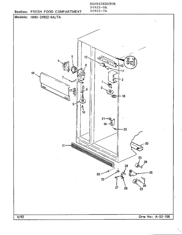Fresh Food Compartment Diagram and Parts List for 24922-0A  Admiral Refrigerator