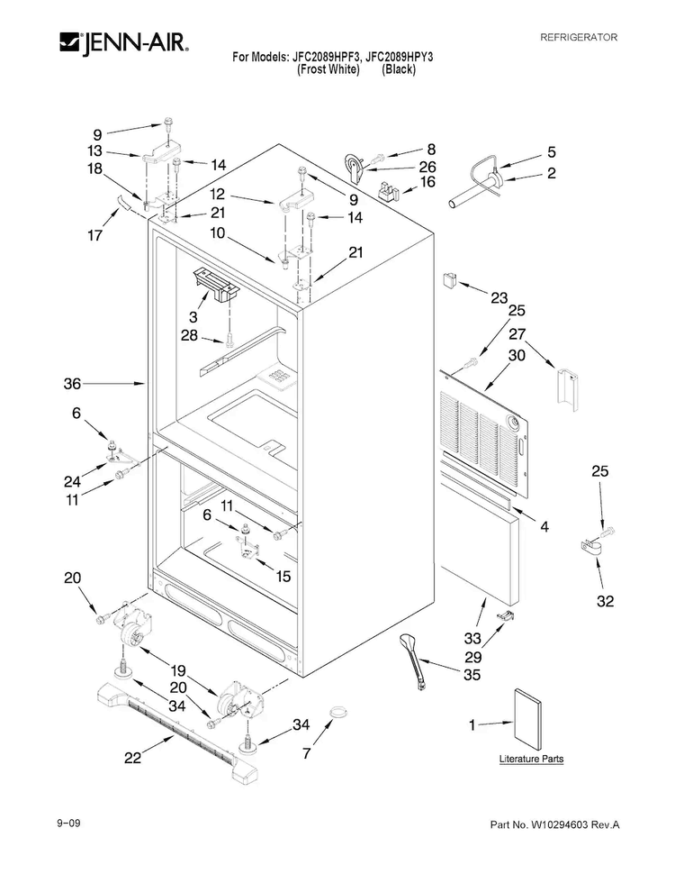 Cabinet Parts Diagram and Parts List for JFC2089HPF3  Jenn-Air Refrigerator