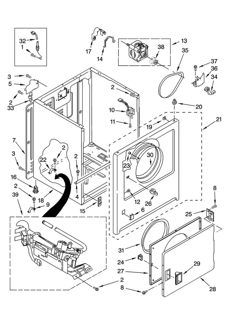 Cabinet Parts Diagram and Parts List for NGD5100TQ1  Amana Dryer