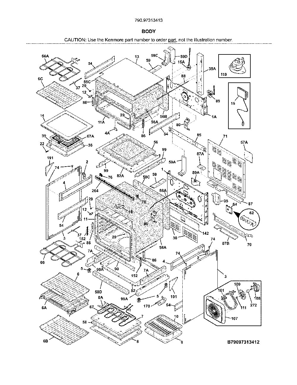 Body Diagram and Parts List for 79097313413  Kenmore Range