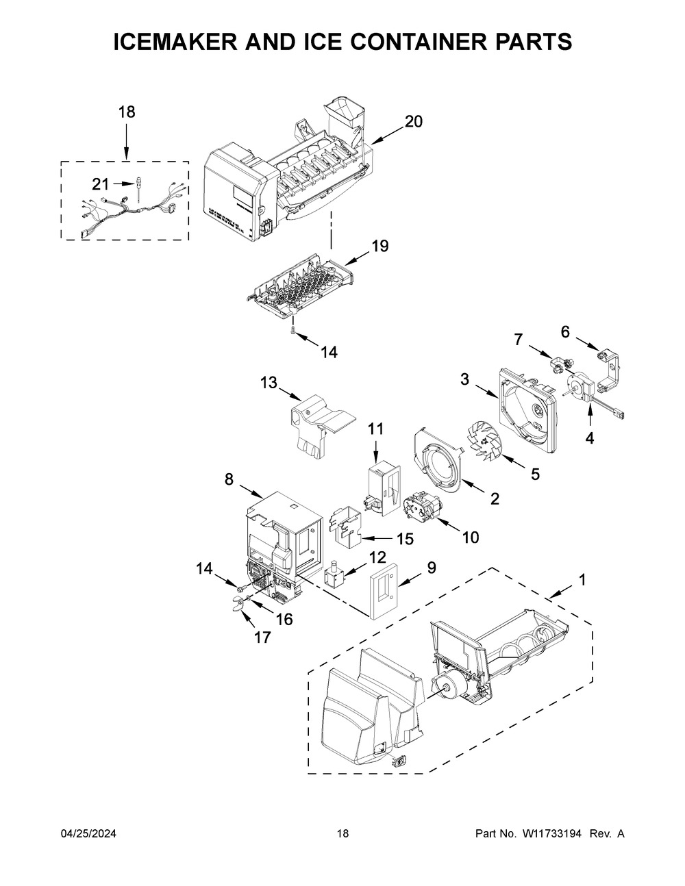 Icemaker And Ice Container Parts Diagram and Parts List for MFI2570FEZ16  Maytag Refrigerator