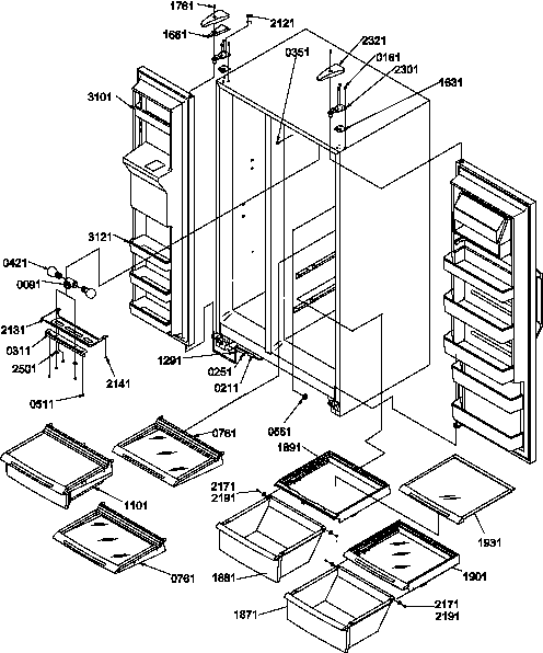 Refrigerator/freezer Shelves, Lights, And Hinges Diagram and Parts List for SXD20TL-P1302901WL  Amana Refrigerator