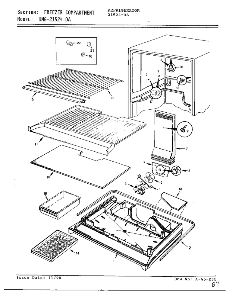 Freezer Compartment Diagram and Parts List for 21524-0A  Admiral Refrigerator