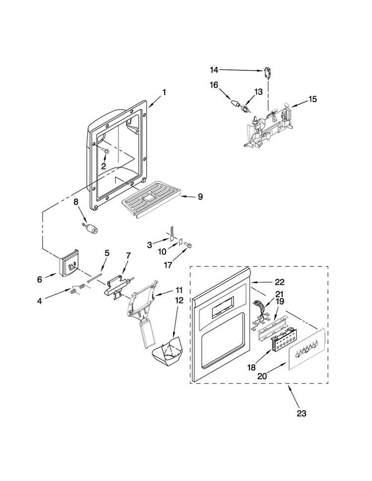Dispenser Front Parts Diagram and Parts List for MSD2573VES01  Maytag Refrigerator