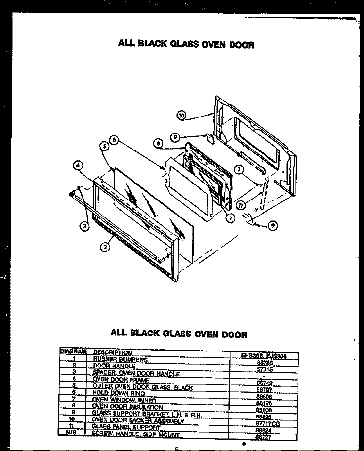 ALL BLACK GLASS OVEN DOOR Diagram and Parts List for EJS306  Caloric Range