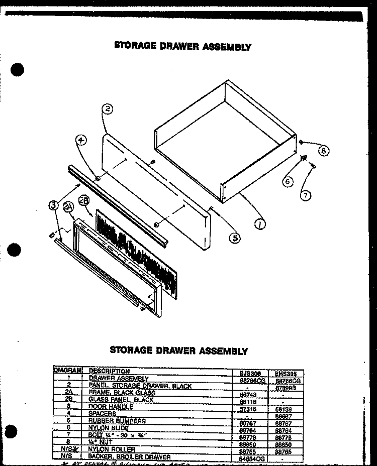 STORAGE DRAWER ASSY Diagram and Parts List for EJS306  Caloric Range