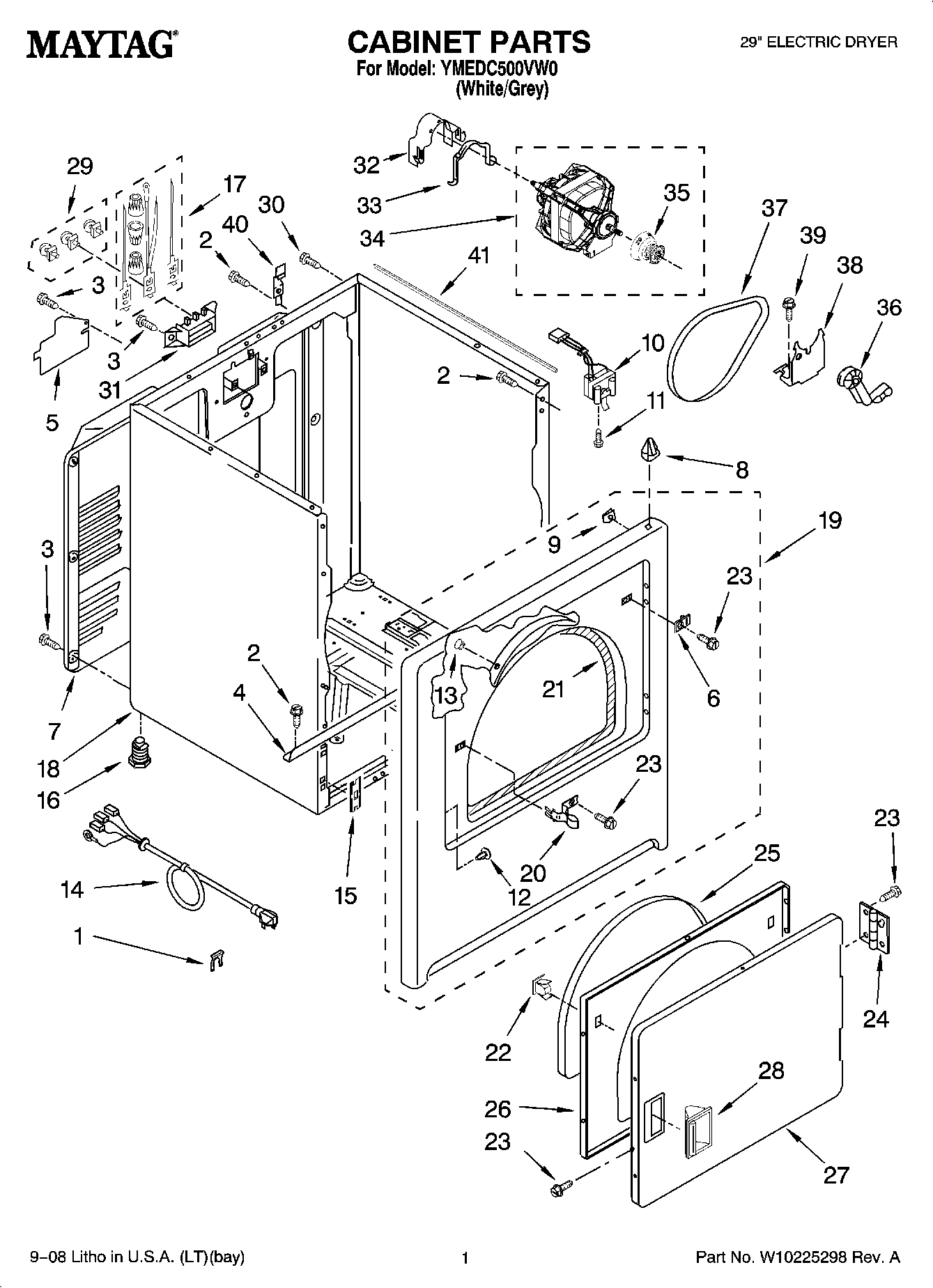 01 - CABINET PARTS Diagram and Parts List for YMEDC500VW0  Maytag Dryer