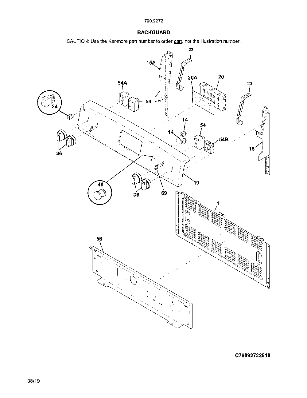 Backguard Diagram and Parts List for 79092722910  Kenmore Range