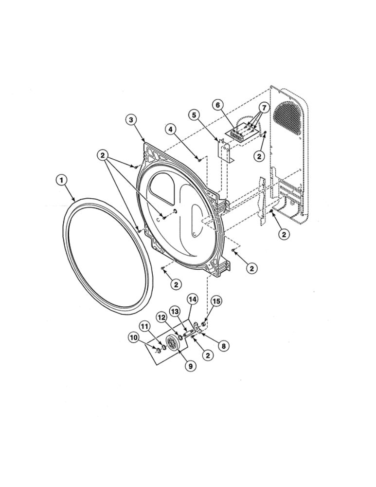 Rear Bulkhead/Felt Seal/Cylinder Roller/Terminal Block Diagram and Parts List for ADE3SRGS173TW01  Speed Queen Dryer