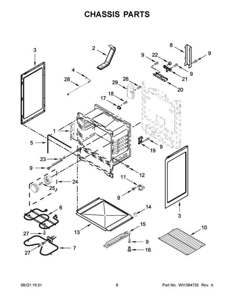 Chassis Parts Diagram and Parts List for YAER6303MFW3  Amana Range
