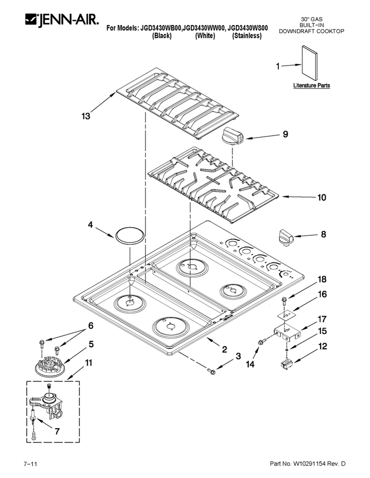Cooktop Parts Diagram and Parts List for JGD3430WS00  Jenn-Air Cooktop