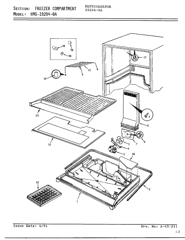 Freezer Compartment Diagram and Parts List for 19204-0A  Admiral Refrigerator