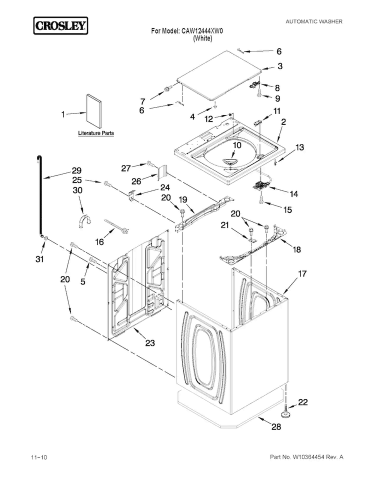 Top And Cabinet Parts Diagram and Parts List for CAW12444XW0  Crosley Washer