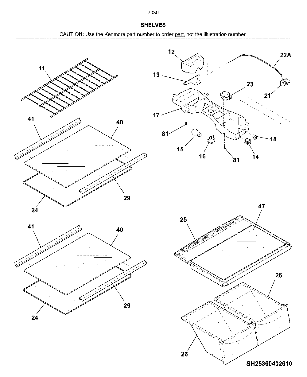 Shelves Diagram and Parts List for 25370302612  Kenmore Refrigerator