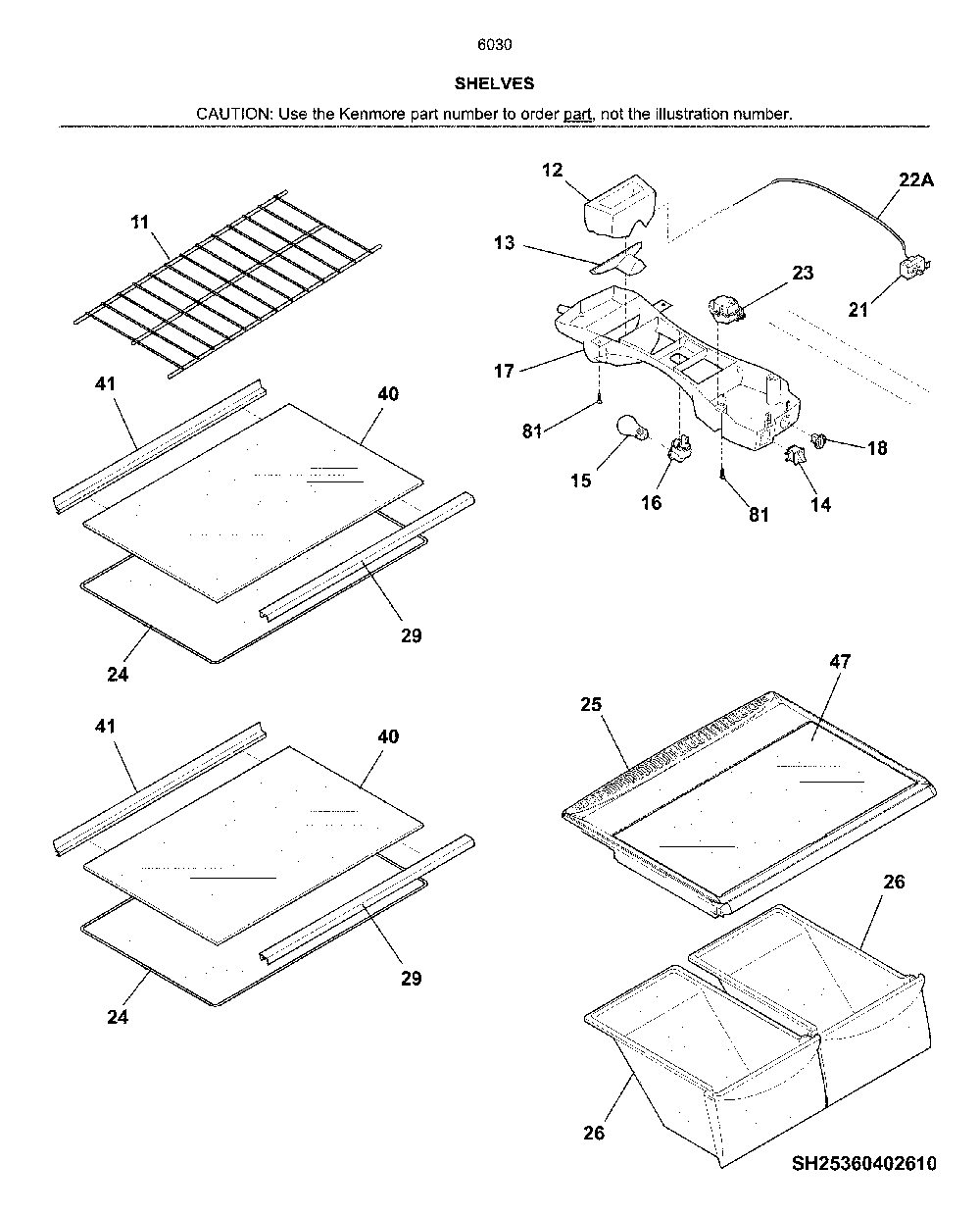 Shelves Diagram and Parts List for 25360309612  Kenmore Refrigerator