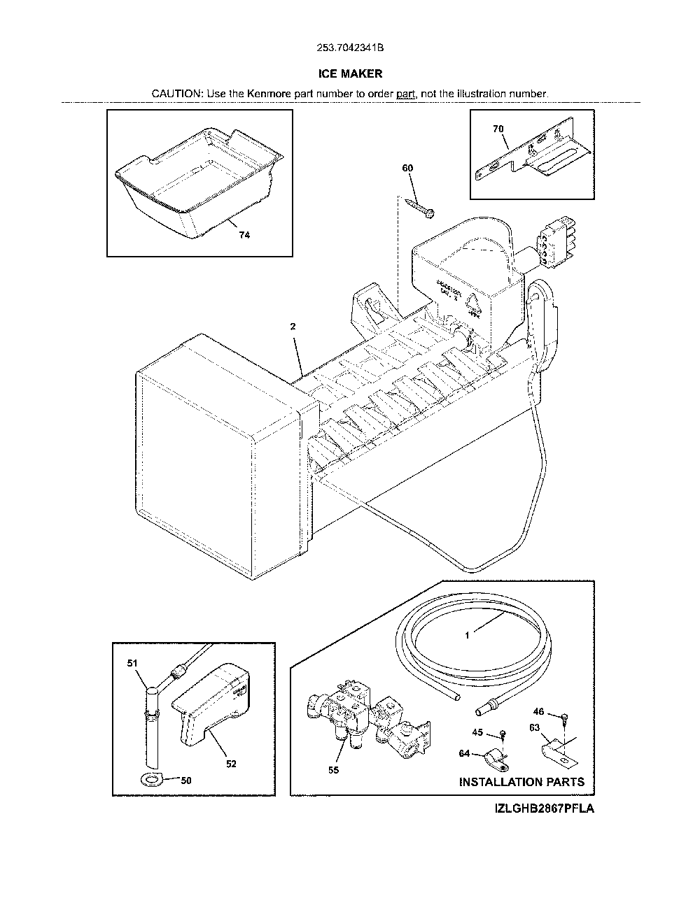 Ice Maker Diagram and Parts List for 2537042341B  Kenmore Refrigerator
