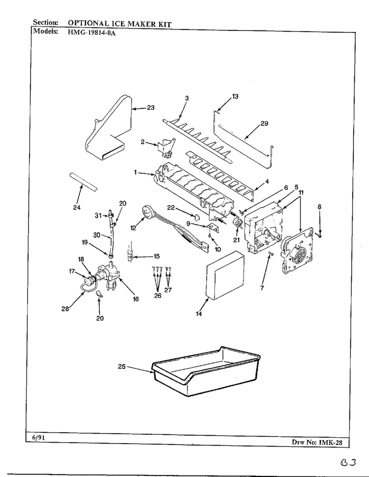 Optional Ice Maker Kit Diagram and Parts List for 19814-0A  Admiral Refrigerator