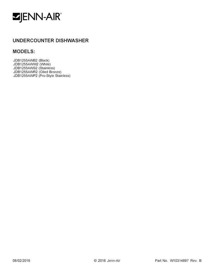 Cover Sheet Diagram and Parts List for JDB1255AWB2  Jenn-Air Dishwasher