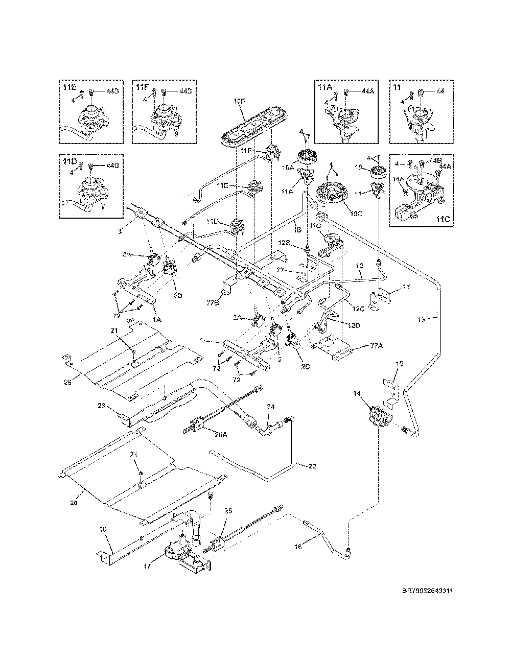 Burner Diagram and Parts List for 79032643313  Kenmore Range