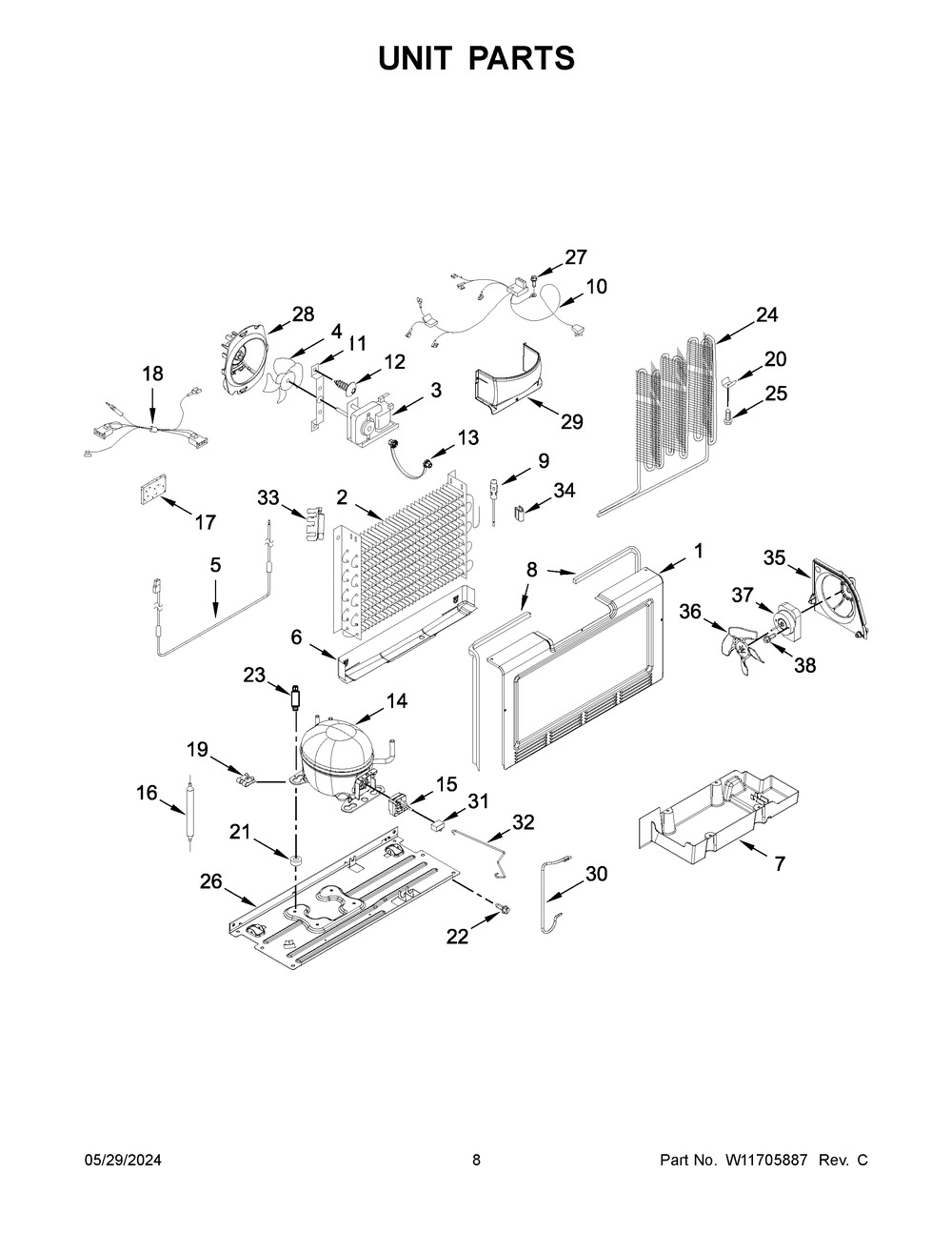 Unit Parts Diagram and Parts List for MZF34X16DW10  Maytag Freezer