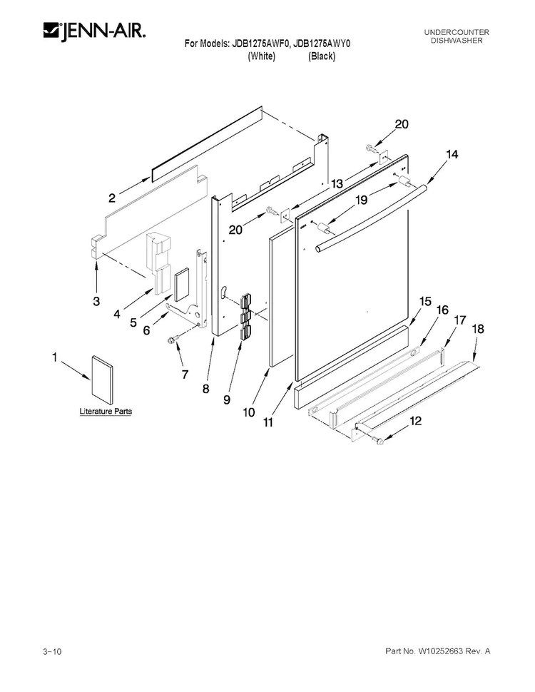 Door And Panel Parts Diagram and Parts List for JDB1275AWF0  Jenn-Air Dishwasher