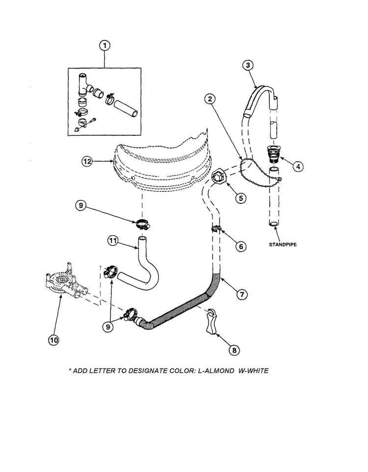 Drain Hose And Siphon Break Diagram and Parts List for CW8203W2-PCW8203W2B  Crosley Washer