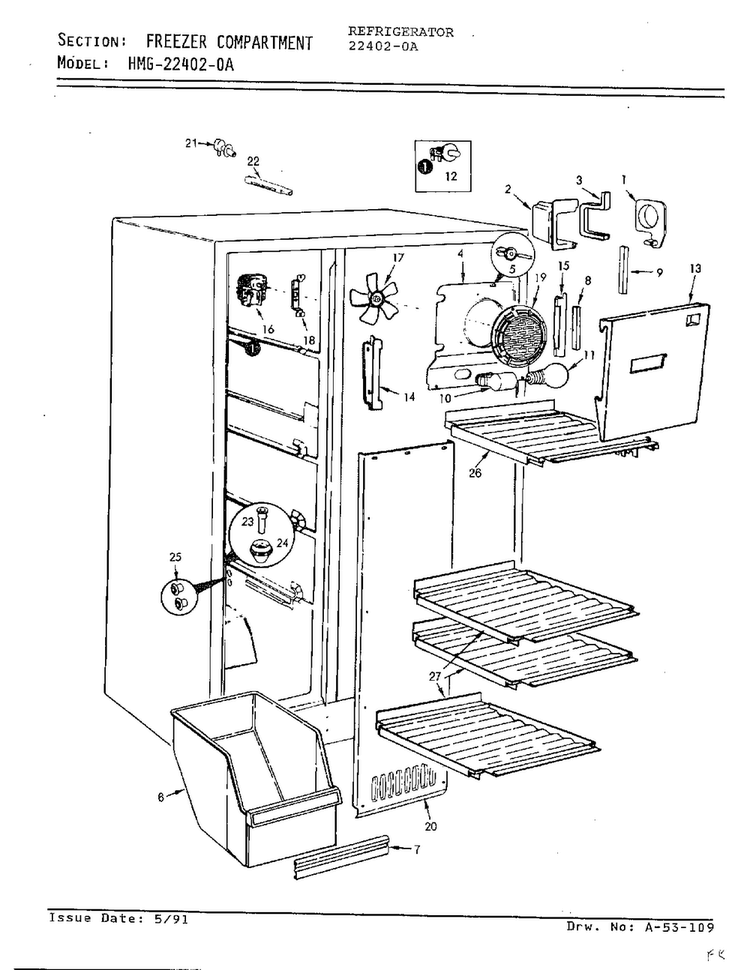 Freezer Compartment Diagram and Parts List for 22402-0A  Admiral Refrigerator