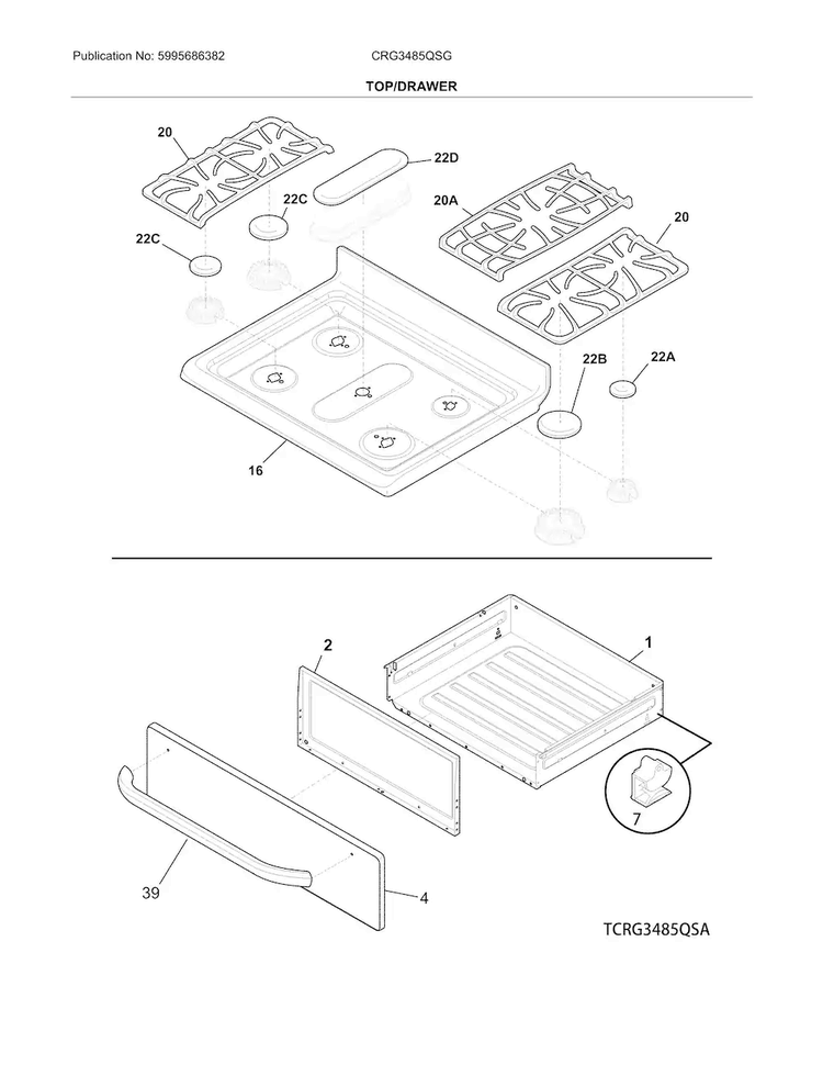 Top/drawer Diagram and Parts List for CRG3485QSG  Crosley Range