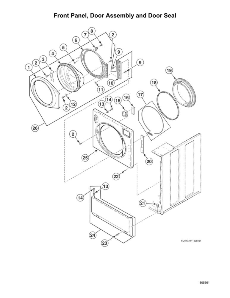 Front Panel/Door Assembly/Door Seal Diagram and Parts List for AFNE9BSP115TN13  Speed Queen Washer