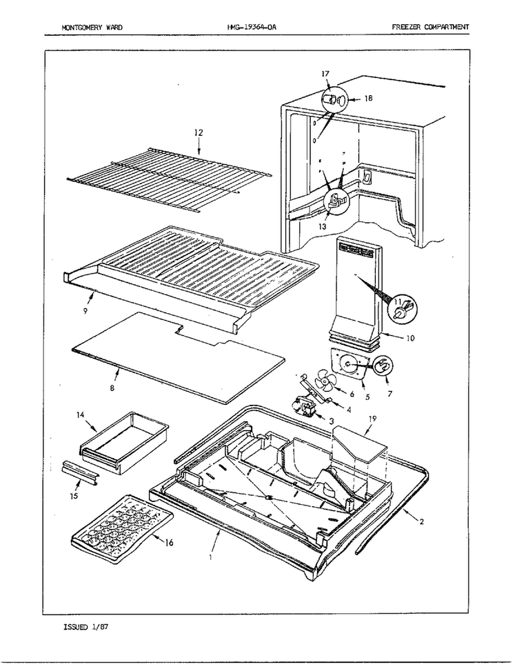 Freezer Compartment Diagram and Parts List for 19364A  Admiral Refrigerator
