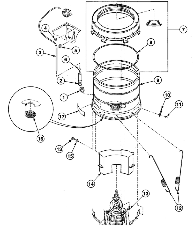 Outer Tub Diagram and Parts List for SWT210WN1124  Speed Queen Washer