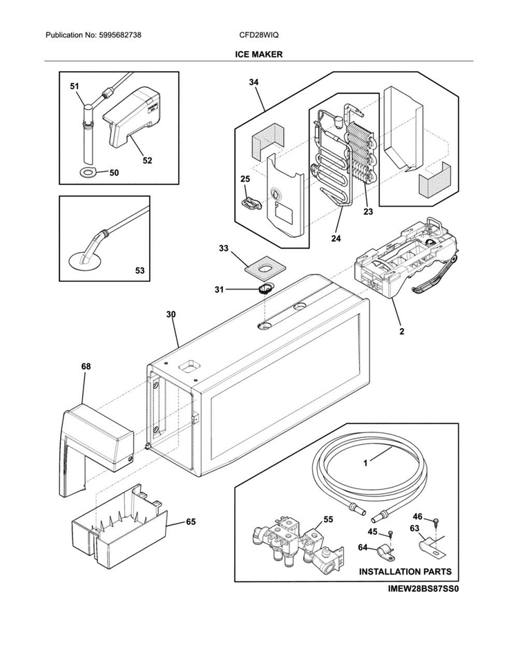 Ice Maker Diagram and Parts List for CFD28WIQBC  Crosley Refrigerator