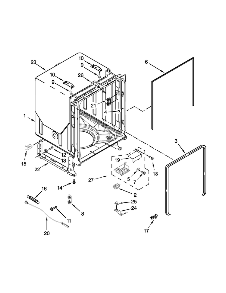 Tub And Frame Parts Diagram and Parts List for ADB1700ADS2  Amana Dishwasher