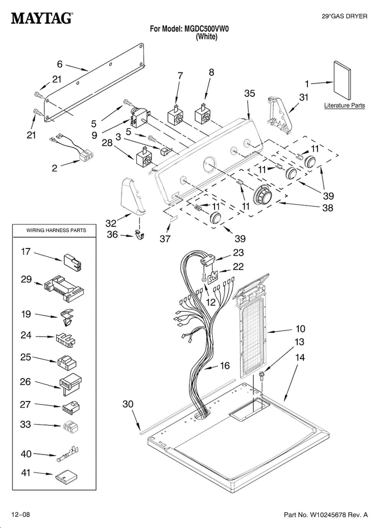 Top And Console Parts Diagram and Parts List for MGDC500VW0  Maytag Dryer