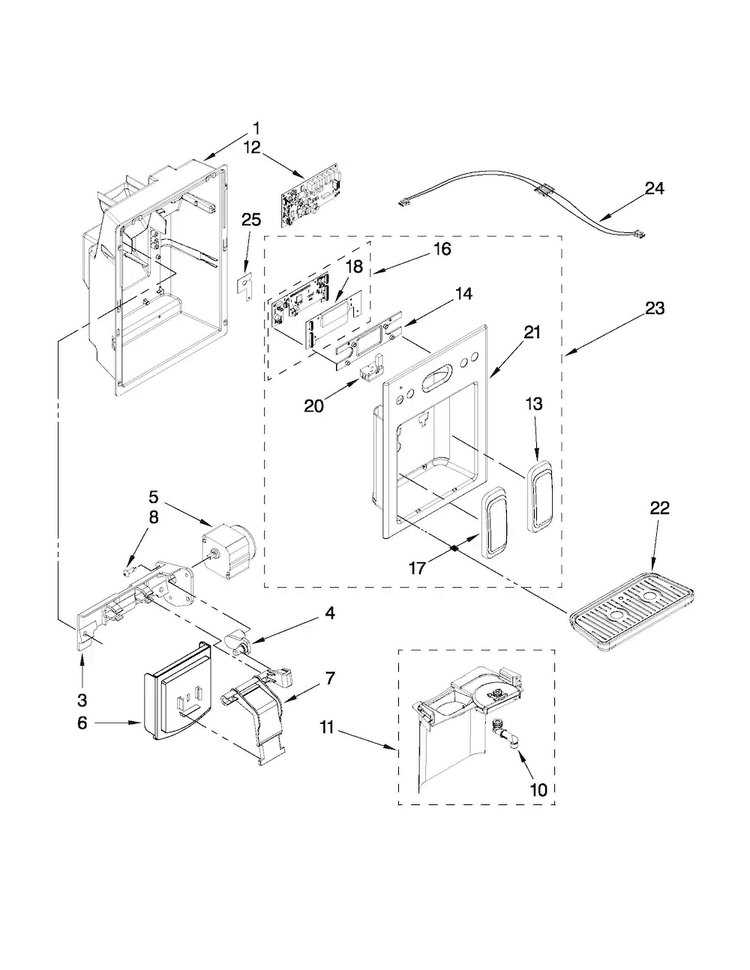 Dispenser Front Parts Diagram and Parts List for JCD2595WES01  Jenn-Air Refrigerator