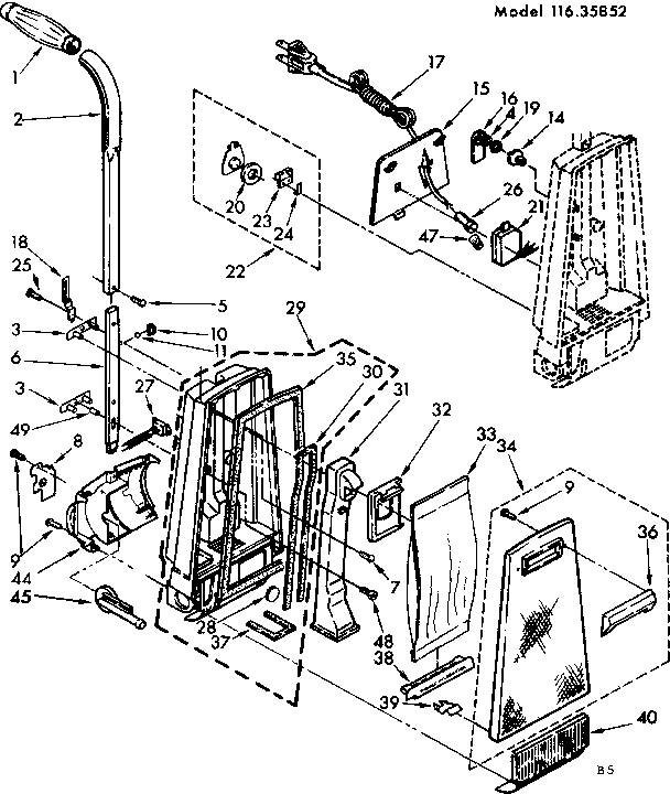 Handle And Bag Housing Diagram and Parts List for 11635852  Kenmore Upright Vacuum