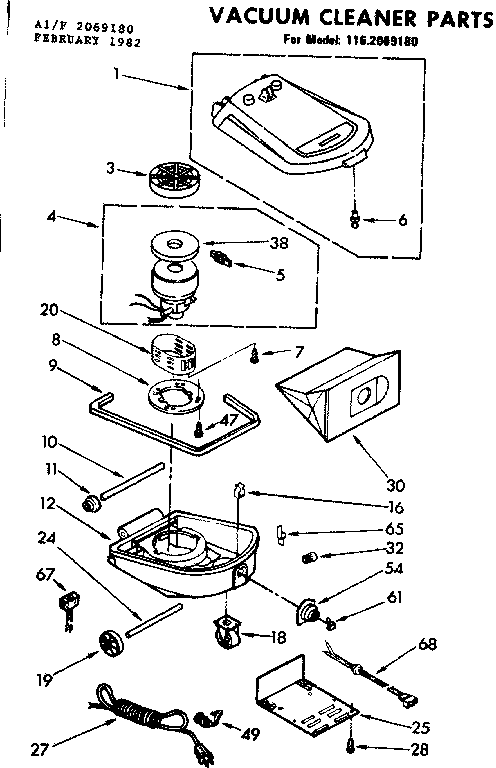 Base Assembly Diagram and Parts List for 1162069180  Kenmore Canister Vacuum