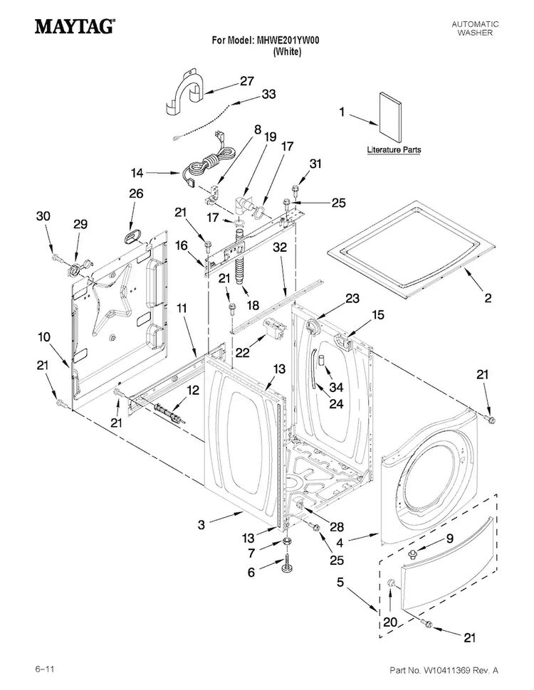 Top And Cabinet Parts Diagram and Parts List for MHWE201YW00  Maytag Washer