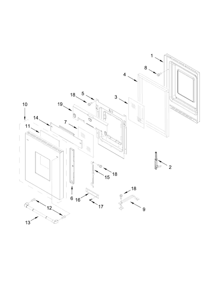 18" Oven Door Parts Diagram and Parts List for JLRP548WP00  Jenn-Air Range