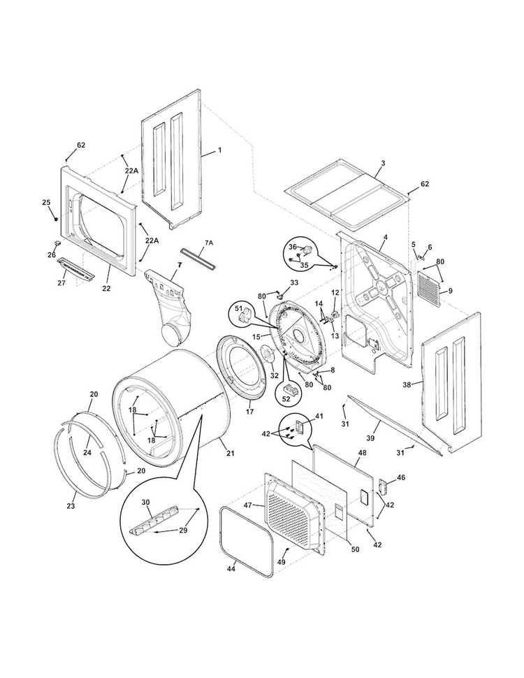 Upper Cabinet/drum/heater Diagram and Parts List for CLCE500MW1  Crosley Washer Dryer Combo