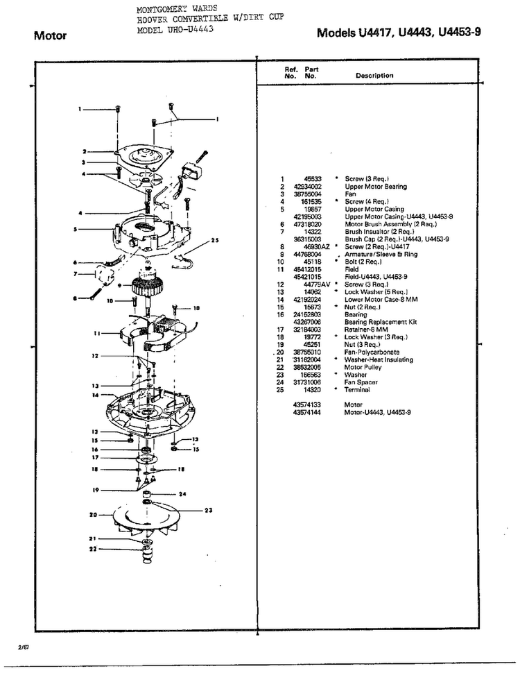 Motor Assembly Diagram and Parts List for U4443  Hoover Upright Vacuum